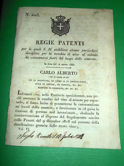 Decreti Regno Sardegna Torino Regie Patenti Discipline Vendita di Vino 1838