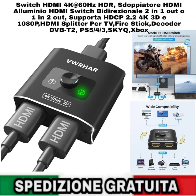 Sdoppiatore Switch HDMI 2 In 1 Out 8K 60Hz Bidirezionale &ndash; Per PS5, TV Box E Proiettori