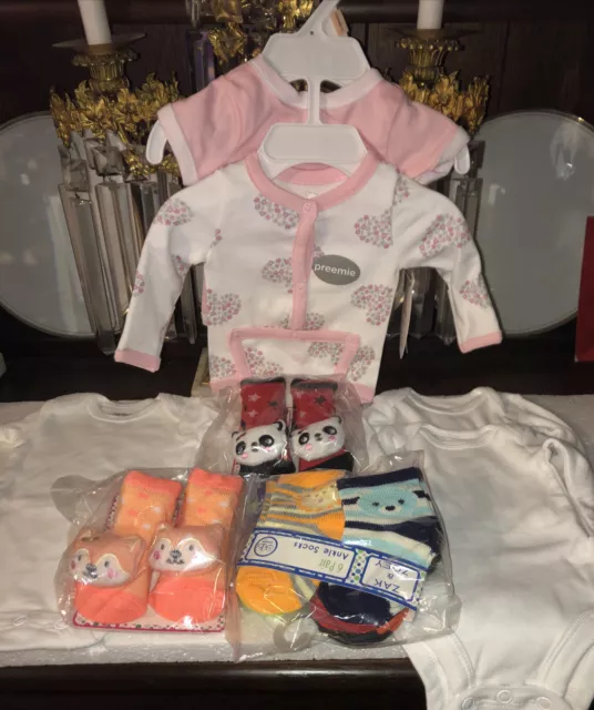 Preemie Baby Clothes  Girl New:  One Piece Body Suits + Socks + Booties 13 Items