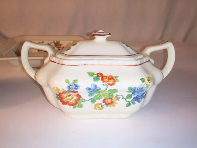 Vintage Steubenville Ivory/Floral Sugar Creamer & Bowl Red Yellow Flowers Green 3