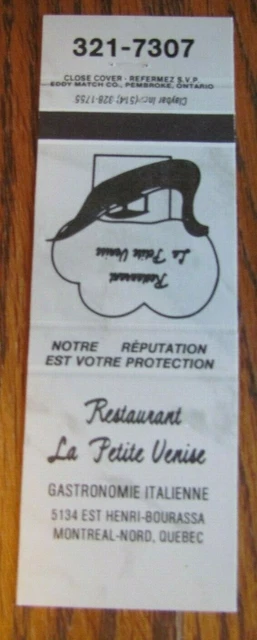 Gondola Matchbook: Petite Venise Italian Restaurant (Montreal-Nord, Quebec) -F11