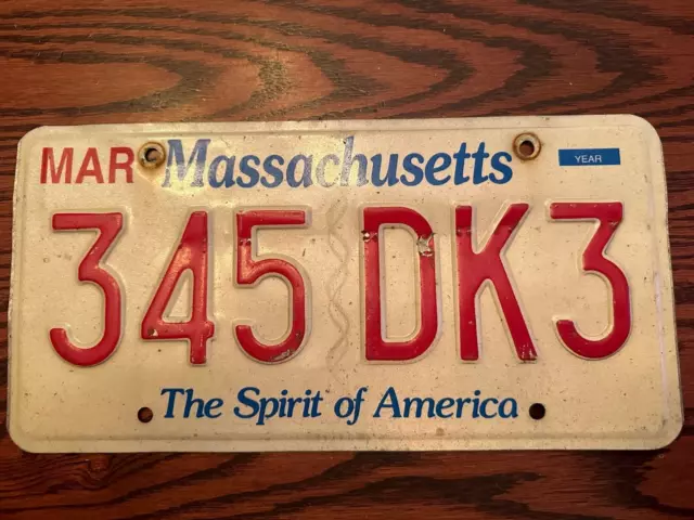 Massachusetts License Plate 345 DK3 Spirit of America MA USA Authentic March