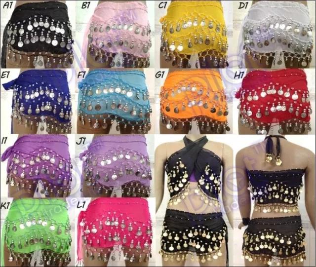 12 PCs Belly Dance Skirt Scarf Hip Wrap Belt Wholesale Low Price Chiffon Coins