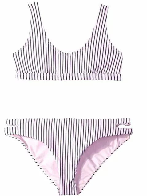 $80 Splendid Girls Pink Blue Striped Scoop-Neck Two-Piece Bikini Swim Set Sz 14