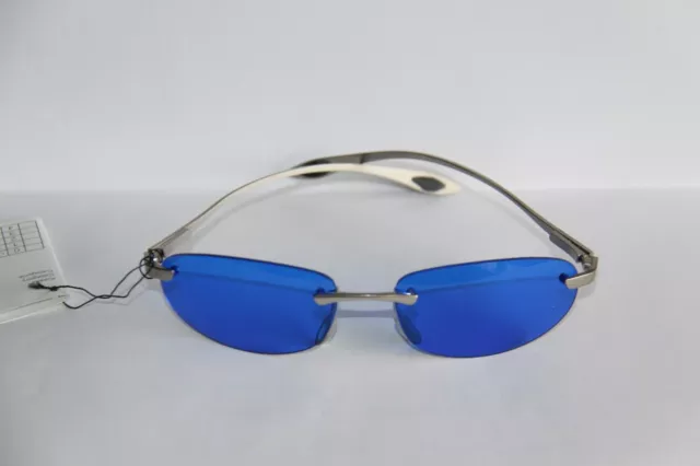 Farb Brille Sonnenbrille  Gläser Blau Rahmenlos Bügel Aus Metall Silberfarben