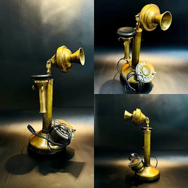 VINTAGE ANTIQUE BRASS Candle Stick Telephone Rotary Dial Working
