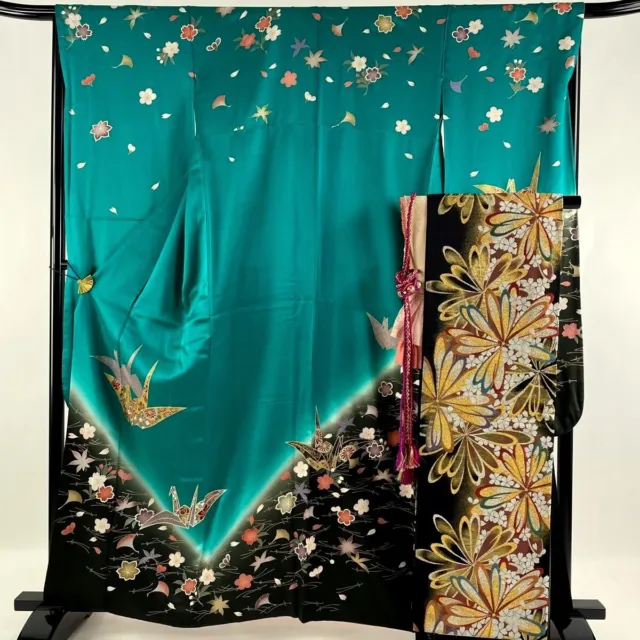 Japanese kimono SILK"FURISODE" with "OBI", Origami Cranes, with OBI, L5'4"..3473