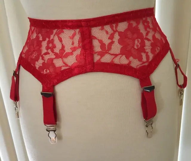TRUE VTG. Sexy Red Sheer Lace Garter Belt ~ Size M ~  six metal garters