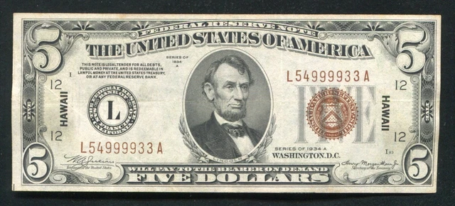 Fr. 2302 1934-A $5 Five Dollars “Hawaii” Frn Federal Reserve Note Xf/Au