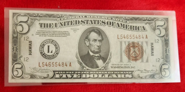 US Currency $5 Five Dollar 1934 A Silver Certificate Hawaii Emergency Currency