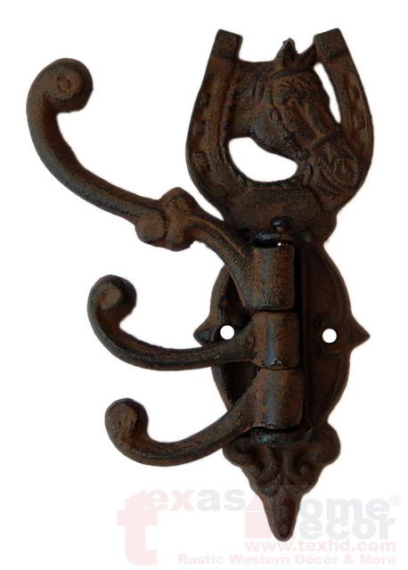 Swivel Hook Horse Head Shoe Western Rustic Cast Iron Coat Hat Purse Towel Hanger