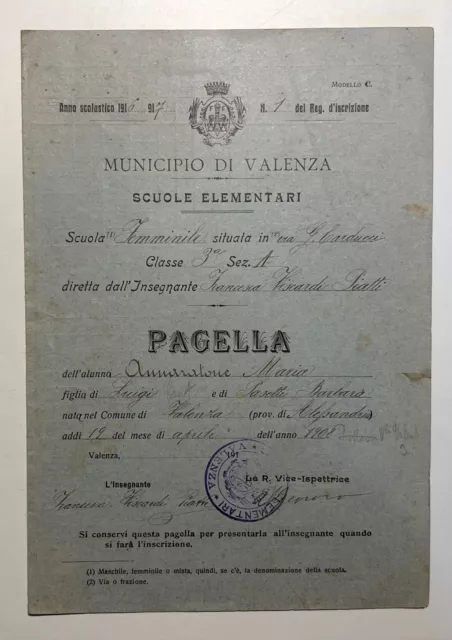 Municipio di Valenza Scuole Elementare - Pagella Scolastica - Anno 1916-1917