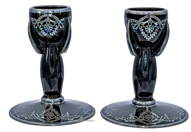 Duncan and Miller Ebony / Black #12 Deco Candlesticks with Silver Trim