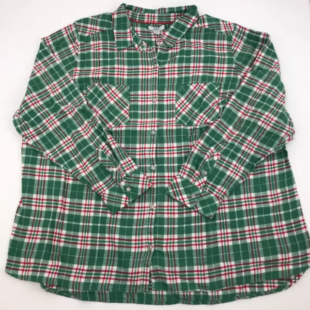 Women's Green Red Plaid Flannel Shirt 2X Top Plus Size Long Sleeve Cotton New