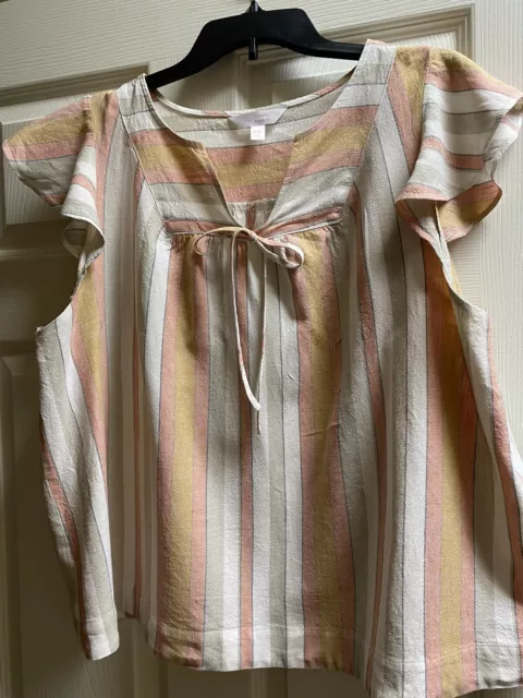 Lauren Conrad Linen Blend Multicolor Stripe Flutter Sleeve V-Neck , XXL