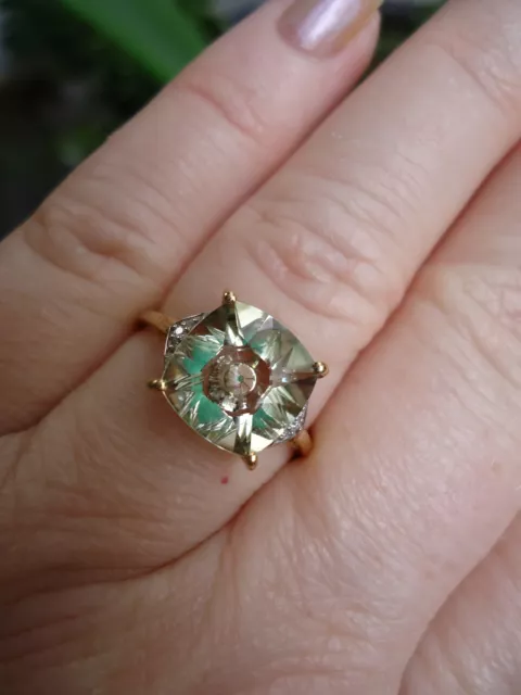 Lehrer KaleidosCut Huge Prasiolite Emerald & Diamond 9K Ring New Box Certificate