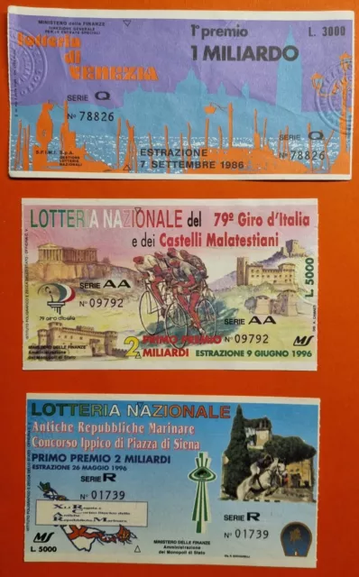 3 biglietti lotteria di VENEZIA 1986, GIRO D'ITALIA 1996 e REP MARINARE 1996