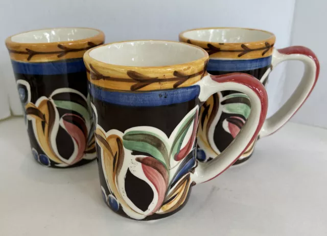 Set of 3 Vicki Carroll Handcrafted Brown Multicolor Mugs Signed 2000