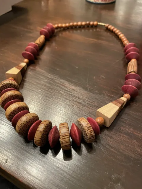 Vintage Hawaiian Hand carved wooden necklace - Dark Red And wood Cleared