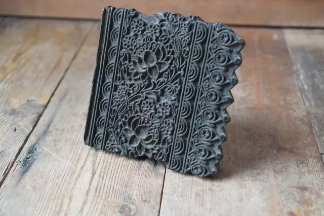 Vintage Hand Carved Wooden Fabric Textile Printing Block Stamp Floral