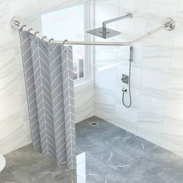 Stainless Steel Corner Shower Curtain Rod Adjustable Curved Shaped Rack Bathroom