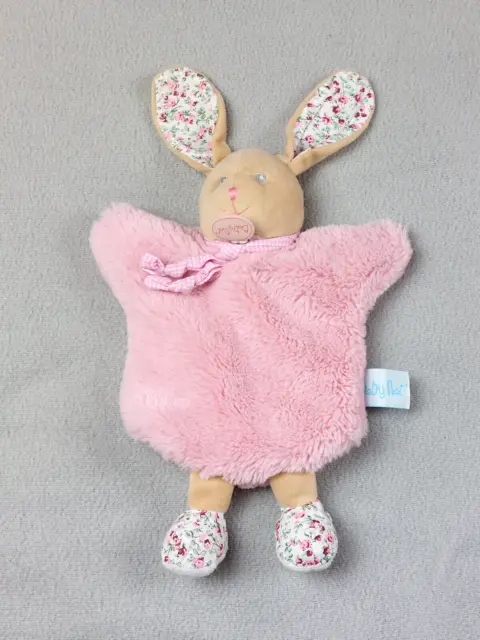 Doudou marionnette lapin fourrure rose écharpe carreau rose Baby Nat BN099