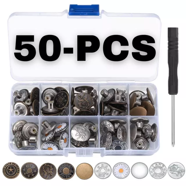 17mm 50 PCS Jeans Buttons Replacement Instant No Sew Buttons for Pants with Tool