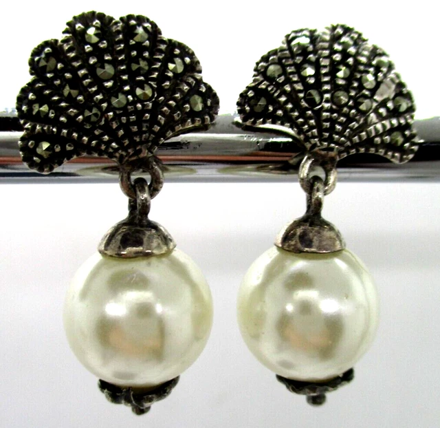 Sterling Silver 925 CW Charles Winston Faux Pearl drop Marcasite Earrings