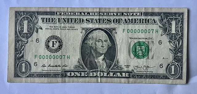 1 Dollar Bill Ultra Low Serial Number 7