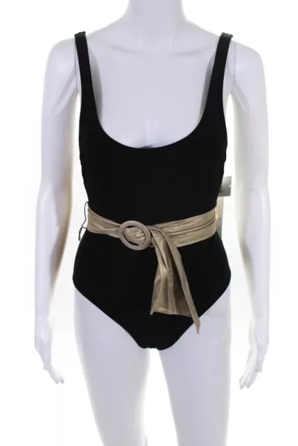 Karla Colletto Womens Brooke Round Neck One Piece Swimsuit Black Gold Size 8 LL1