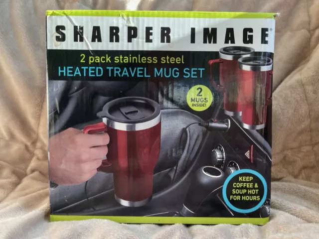 Sharper Image Heated Travel Coffee Mug Stainless Steel 2 Pack No Spill Plug In