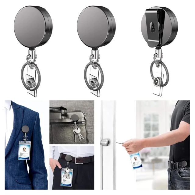 3x Badge Reel Pull Keychain Porte-carte D'identité Rétractable