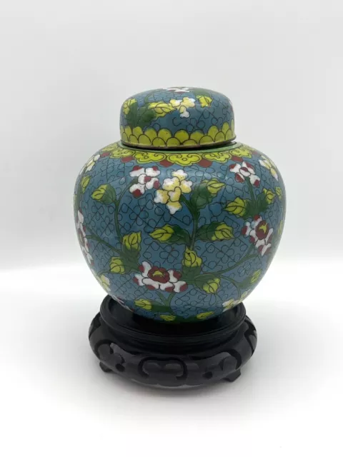 Vintage Chinese Cloisonne Ginger Jar Turquoise Green Enamel W/ Vase Stand 5"