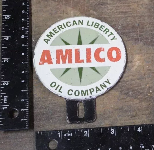 1940s Old AMLICO GASOLINE 2PC Porcelain Texas Gas Oil License Plate Topper Sign