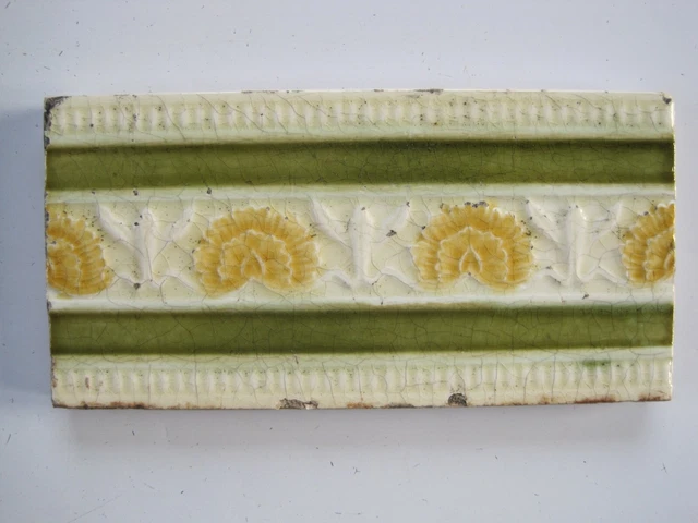 Antique Majolica Glazed 6" X 3"  Border/ Spacer Tile  - Greens/Yellow/Cream