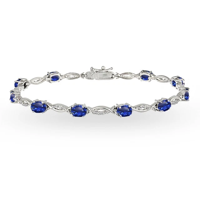Bracelet Tennis En Argent 925 Avec Saphirs Synthétiques Bleus Et Topazes Blanches