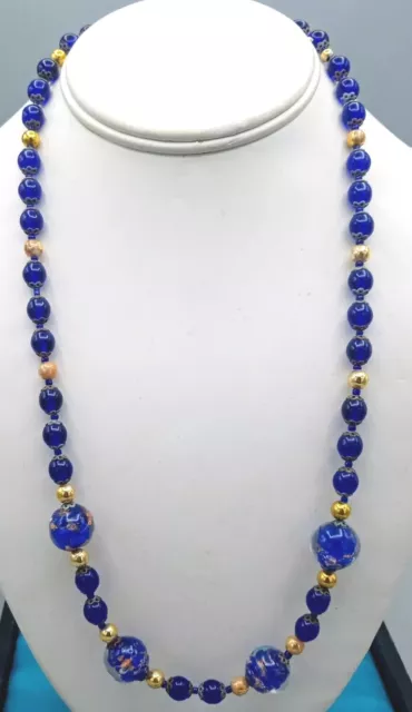 Handcrafted Vintage Murano Art Glass Cobalt Blue Gold Fleck  Necklace-Venetian