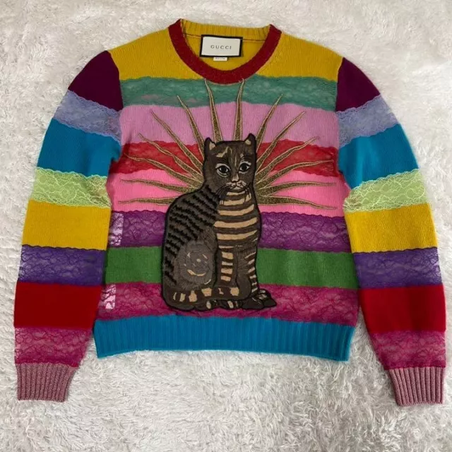 GUCCI Cat Embroidery Rainbow Knit Sweater Cardigan Women Size S Multicolor Rare 2