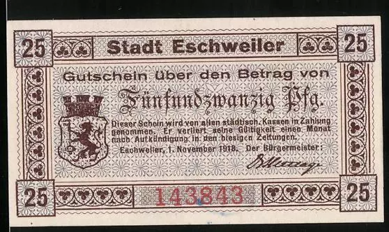 Notgeld Eschweiler 1918, 25 Pfennig, Wappen und Spruch Spare in der Zeit, damit
