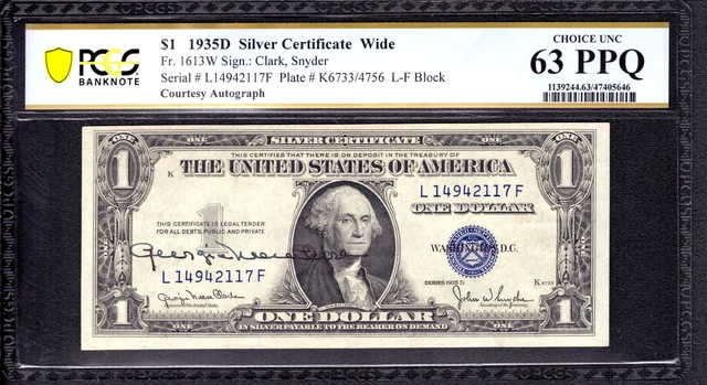 1935 D $1 Silver Certificate Note Fr.1613W Courtesty Autograph Pcgs B Cu 63 Ppq