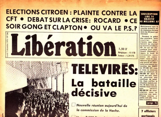 Journal Libération N°296 du 02/12/74: ORTF/POLICE MARSEILLE/GREVES de LA FAIM