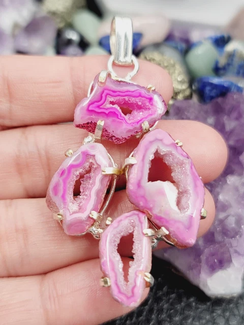 Solar Drusy Agate Quartz "PINK" Sterling Silver Pendant 2.75" Chain 20"