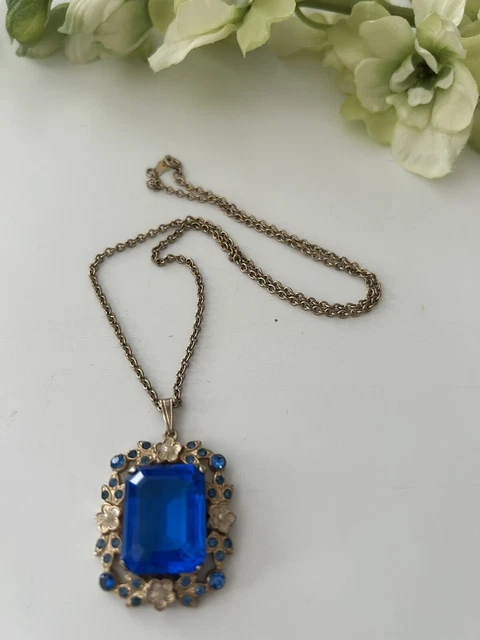 Vintage Art Deco Blue Glass Rhinestone Gold Filled Pendant Necklace - Signed