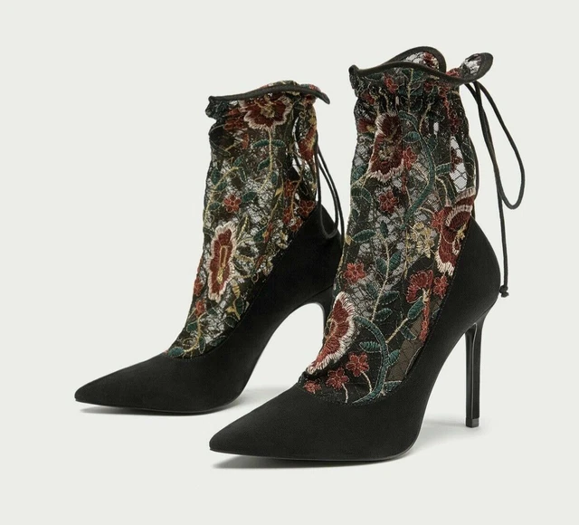 ZARA BLACK EMBROIDERED Lace Stocking High Heel Boots Uk 5 Ref 6264 201 Rrp 69 38.00 PicClick UK