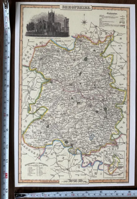 Old Victorian Map of Shropshire, UK 1840 Pigot: Historical, Antique: Reprint