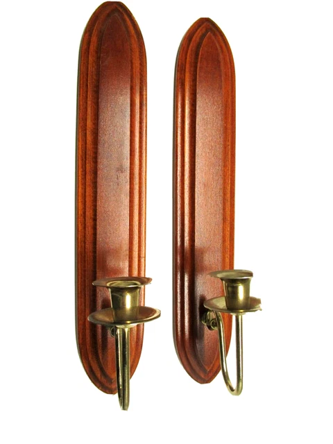 Vintage Wood and Brass Candle Holders for Wall Tapers 1960's 7.5"x 3" Pair of 2