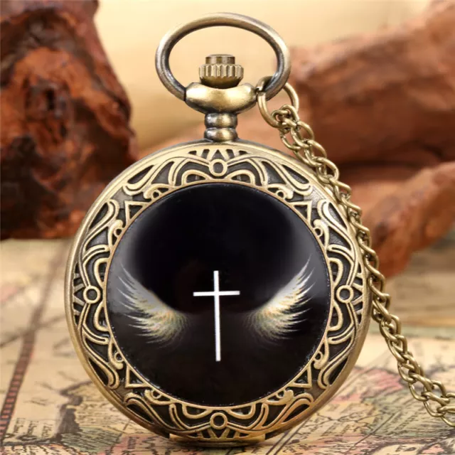 Antique Pocket Watch Chain Cross with Wings Quartz Movement Timepiece Necklace