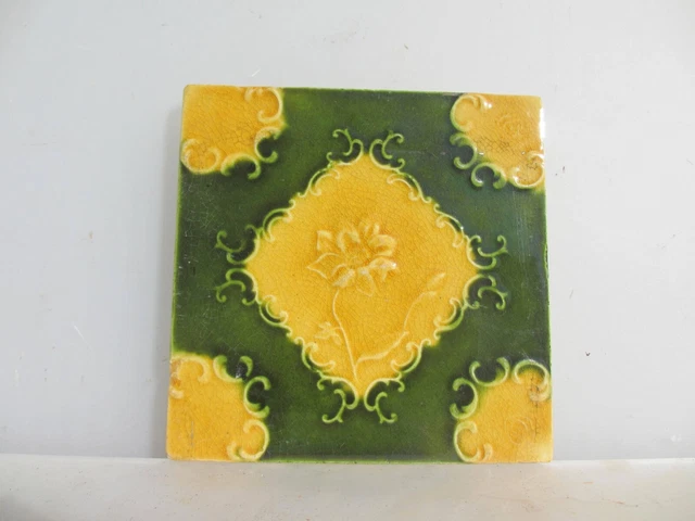 Antique Ceramic Tile Old Vintage Floral Flowers Leaf Art Nouveau Rococo