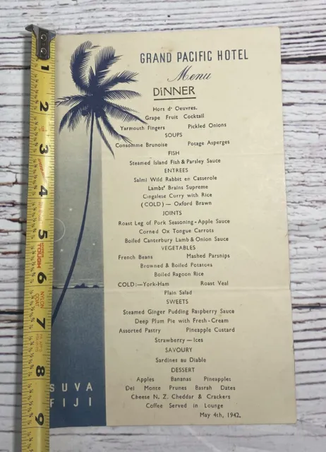 Vintage Original WWII GRAND PACIFIC HOTEL SUVA FIJI Dinner Menu May 4, 1942 2