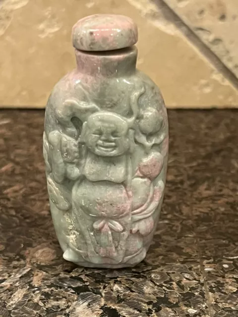 Antique  Chinese Green & Pink  Jade  Carved Buddha  Snuff Bottle Rare Nice!